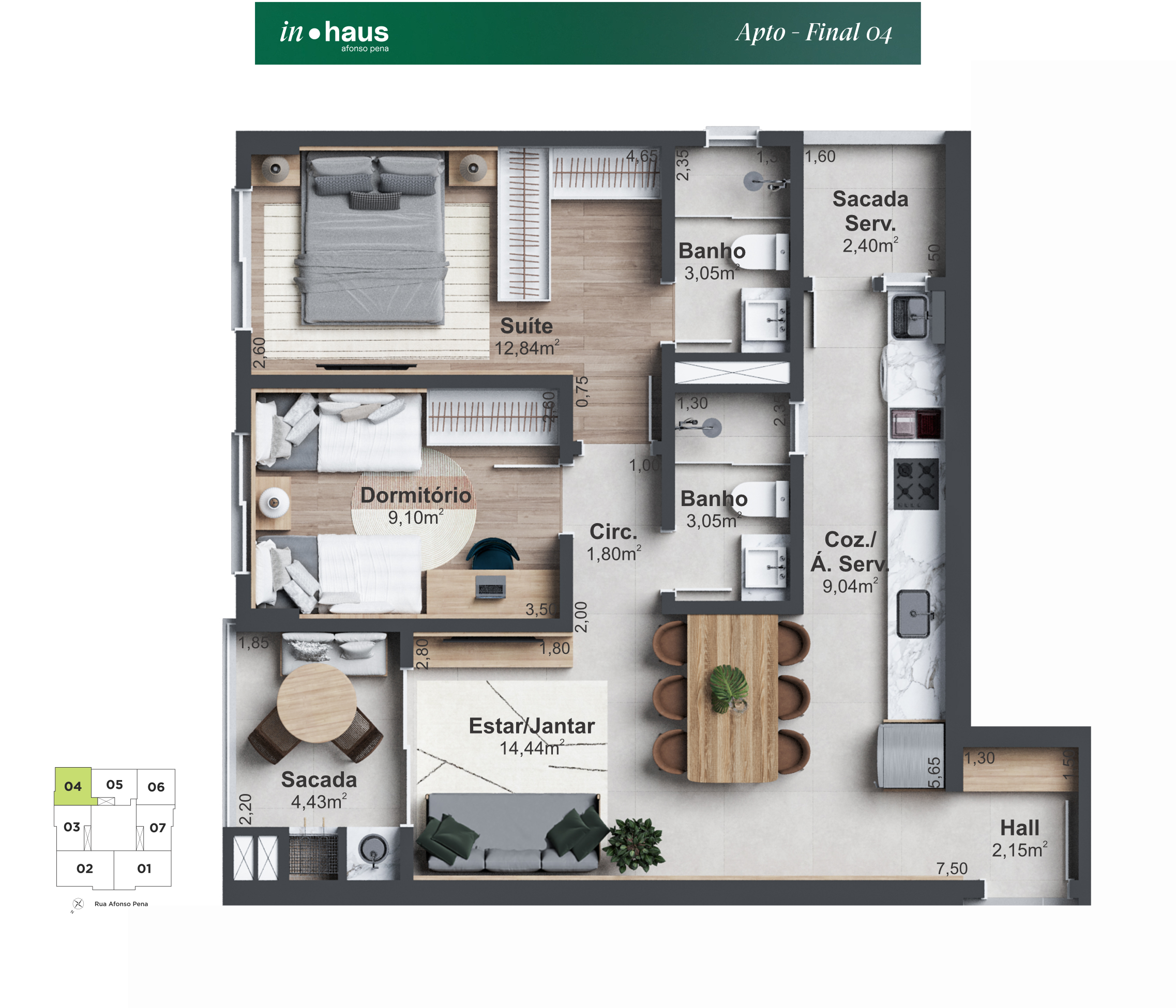 2 Dorm (1 Suíte) + Hall