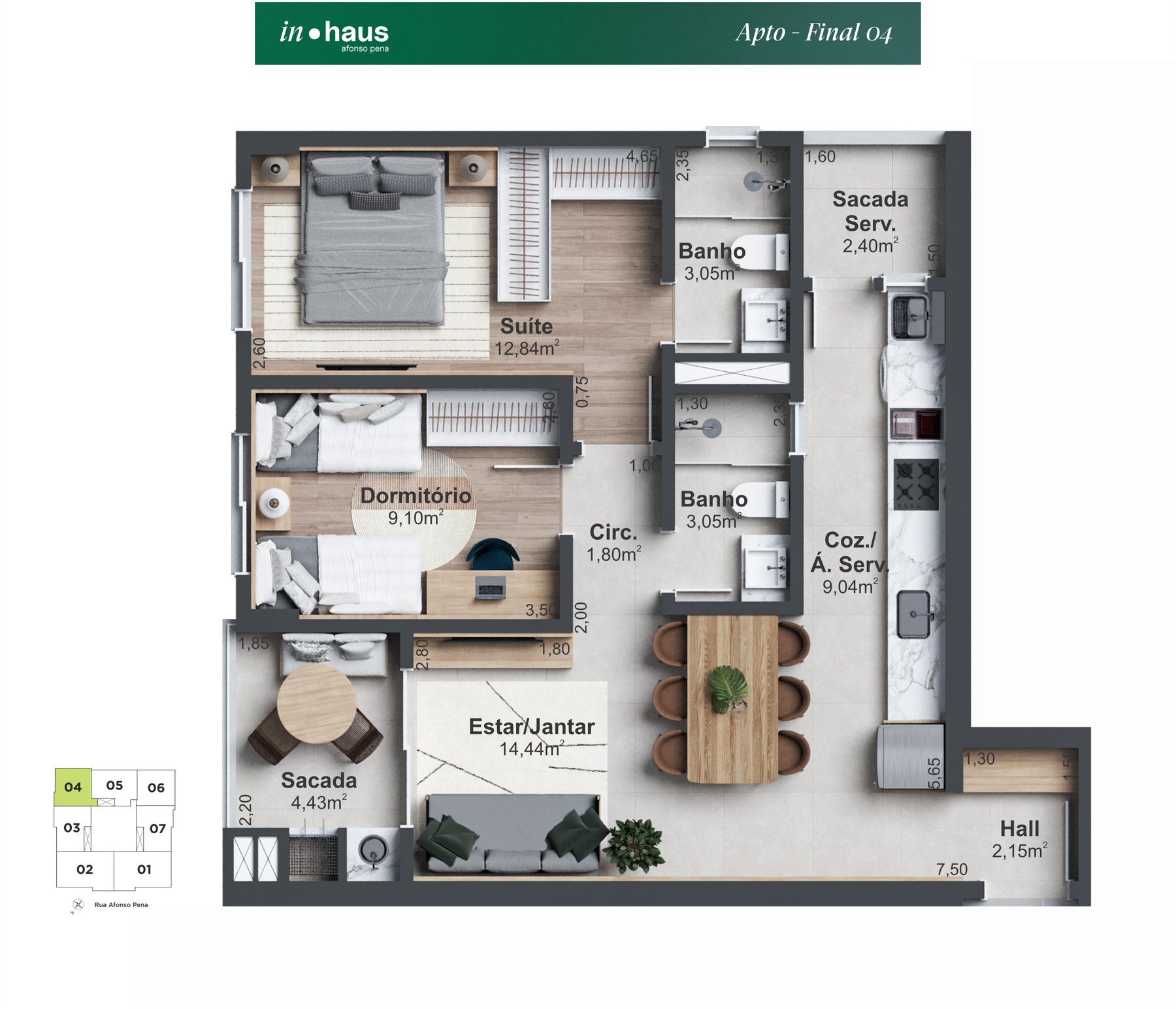 2 Dorm (1 Suíte) + Hall